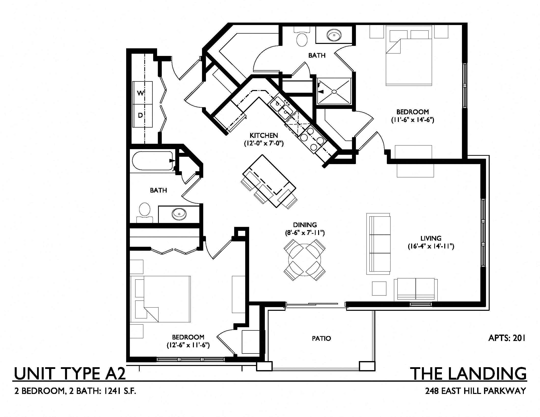 Floor plan for 2 beds, 2 baths, 1241 sqft